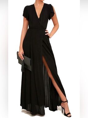 Black Flutter Sleeve Wrap Dress -